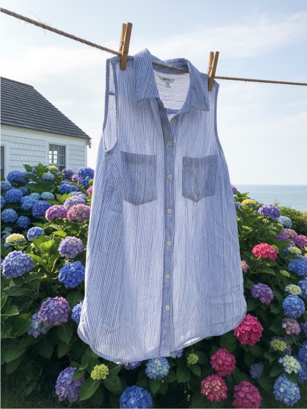 Sonoma Goods For Life White and Blue Striped Sleeveless Button Down